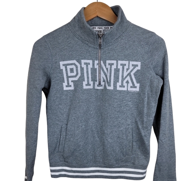 Victoria Secret PINK Grey Iconic Logo Pullover Quarter Zip Sweater Size XS - Picture 9 of 9